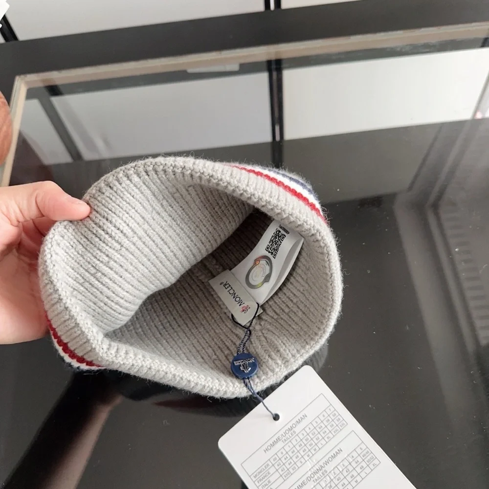 Moncler Kids Light Grey Beanie with Navy & Red Stripe Detail